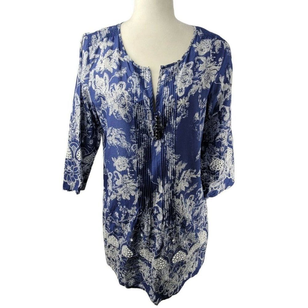 Soft Surroundings Womens Size Small Blue Tunic Heart Cut Out Lace Croche…